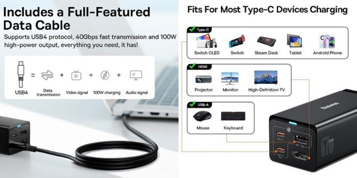 Kroviklis BASEUS GaN 2x USB-C USB-A HDMI 4K 67W PPS PD QC USB4 - Image 5